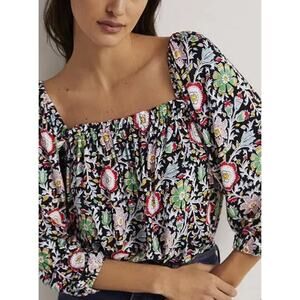 Boden Womens Square Neck Swing Jersey Top 10 Black Colorful Floral 3/4 Sleeve